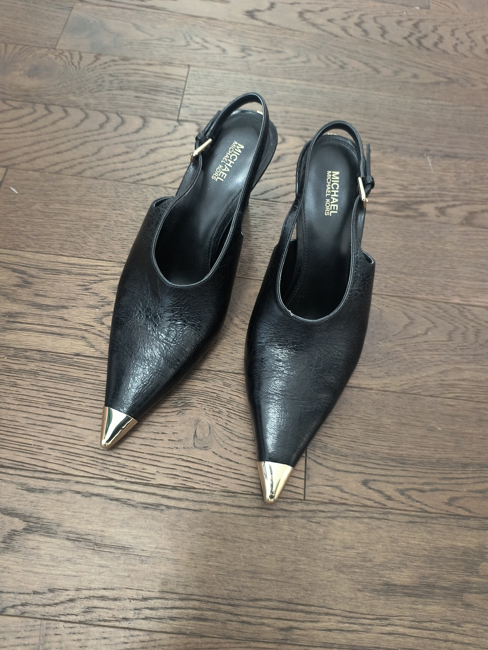 MICHAEL Michael Kors Black Leather Slingback Pointed Toe Flats with Gold Cap